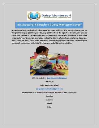 Best Daycare In Bangalore | Daisy Montessori School