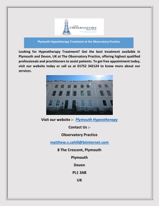 Plymouth Hypnotherapy Treatment at the Observatory Practice