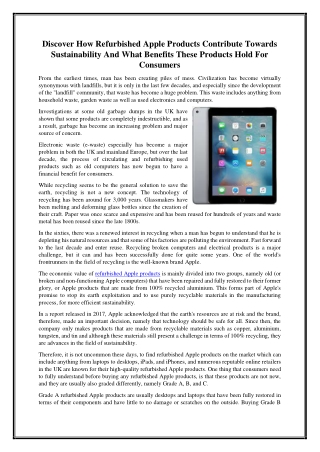 Discover How Refurbished Apple Products Contribute Towards Sustainability And What Benefits These Products Hold For Cons