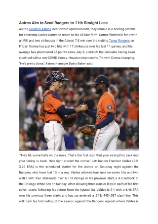 Astros Aim to Send Rangers to 11th Straight Loss