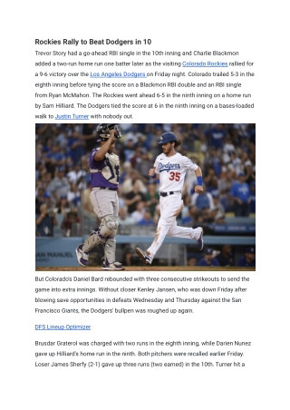 Rockies Rally to Beat Dodgers in 10
