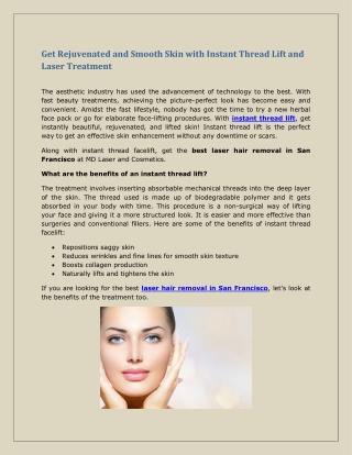 Get Rejuvenated and Smooth Skin with Instant Thread Lift and Laser Treatment