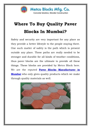 Paver Blocks Manufacturer in Mumbai	 Call-8530470899