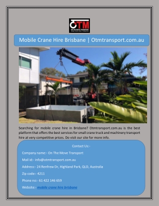 Mobile Crane Hire Brisbane | Otmtransport.com.au