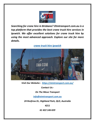 Crane Truck Hire Ipswich | Otmtransport.com.au