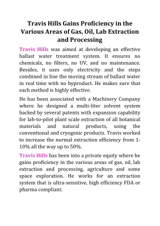 Travis Hills Gains Proficiency in the Various Areas of Gas, Oil, Lab Extraction and Processing