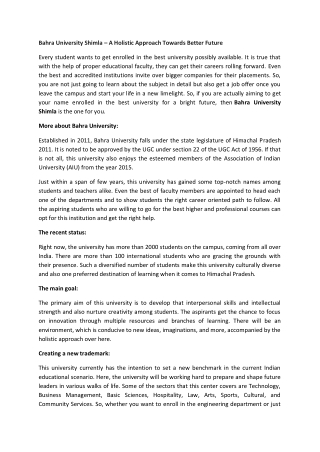 Bahra University Shimla – A Holistic Approach Towards Better Future
