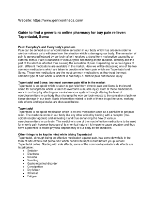 Guide to find  generic rx online pharmacy to buy pain reliever: Tapentadol, Soma