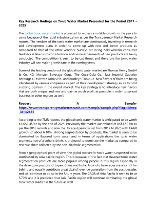 Key Research Findings on Tonic Water Market Presented for the Period 2017 – 2025