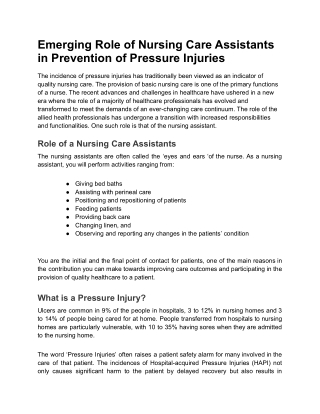 Emerging Role of Nursing Care Assistants in Prevention of Pressure Injuries