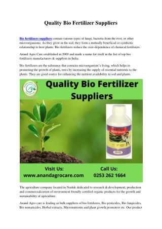 Quality Bio Fertilizer Suppliers