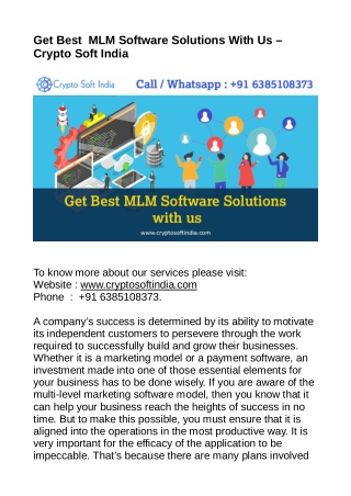 Get Best  MLM Software Solutions With Us - crypto soft India