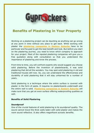Benefits of Plastering in Your Property