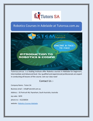 Robotics Courses in Adelaide at Tutorssa.com.au