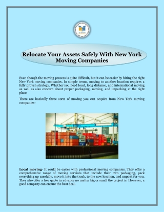 Relocate Your Assets Safely With New York Moving Companies