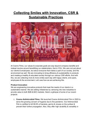 Collecting Smiles with Innovation, CSR & Sustainable Practices