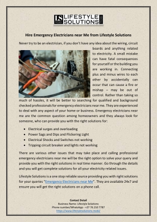 Hire Emergency Electricians near Me from Lifestyle Solutions