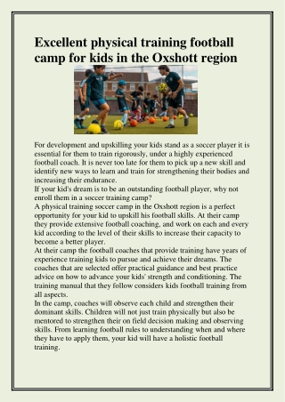 Excellent physical training football camp for kids in the Oxshott region