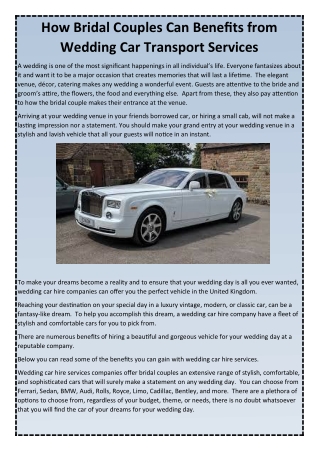 How Bridal Couples Can Benefits from Wedding Car Transport Services From Premier
