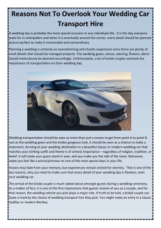 Reasons Not To Overlook Your Wedding Car Transport Hire From Premier Carriage