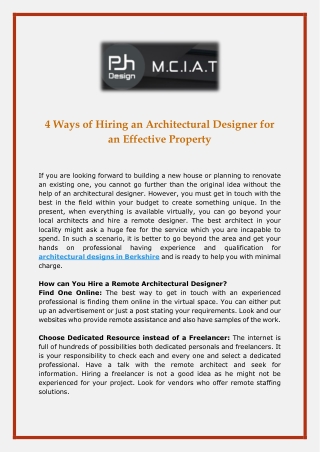 4 Ways of Hiring an Architectural Designer for an Effective Property