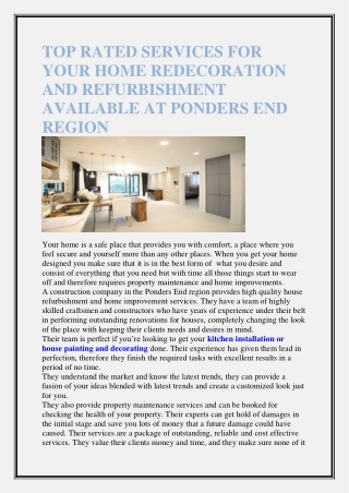 TOP RATED SERVICES FOR YOUR HOME REDECORATION AND REFURBISHMENT AVAILABLE AT PONDERS END REGION