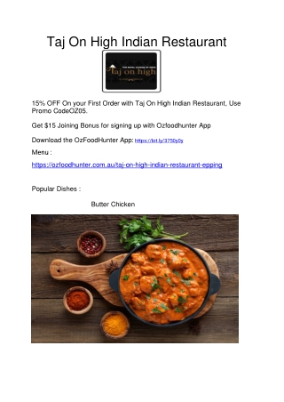 Taj On High Indian Restaurant Epping Menu, VIC - 5% Off