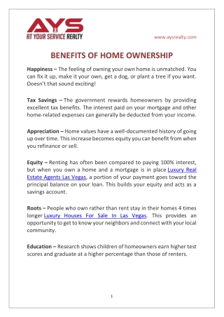 BENEFITS OF HOME OWNERSHIP