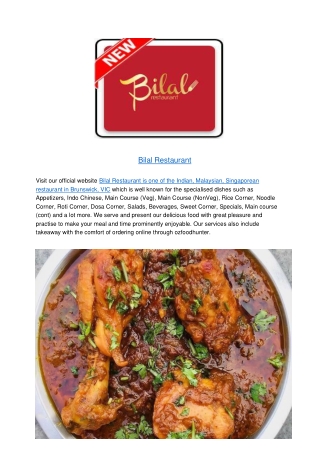 15% Off - Bilal Restaurant Indian Menu Takeaway Brunswick,VIC
