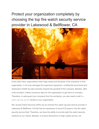 Protect your organization completely by choosing the top fire watch security service provider in Lakewood & Bellflower,