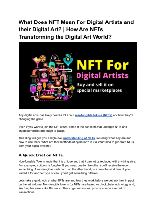 What Does NFT Mean For Digital Artists and their Digital Art