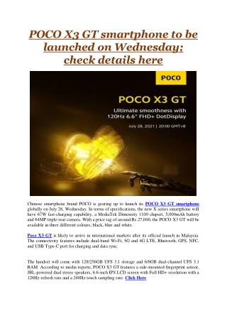 POCO X3 GT smartphone to be launched on Wednesday; check details here