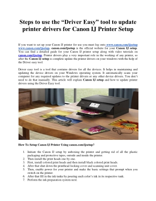 Steps to use the “Driver Easy” tool to update printer drivers for Canon IJ Printer Setup
