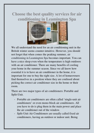 Choose the best quality services for air conditioning in Leamington Spa