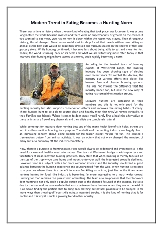 Modern Trend in Eating Becomes a Hunting Norm