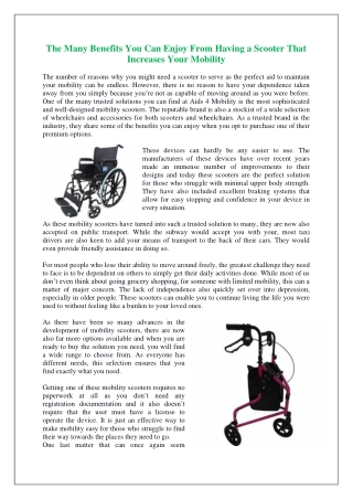 The Many Benefits You Can Enjoy From Having a Scooter That Increases Your Mobility