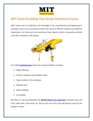 MIT Hoist Providing Top-Grade Overhead Cranes