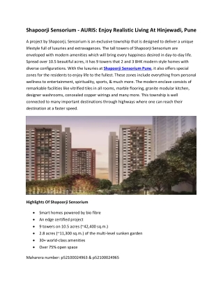 Shapoorji Sensorium AURIS - Enjoy Realistic Living At Hinjewadi, Pune