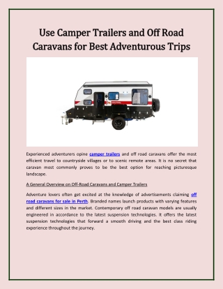 Use Camper Trailers and Off Road Caravans for Best Adventurous Trips