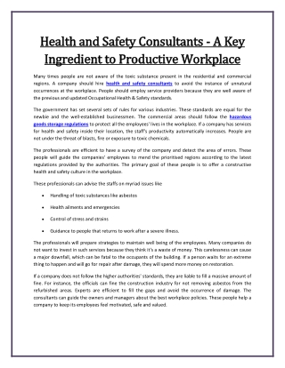 Health and Safety Consultants - A Key Ingredient to Productive Workplace