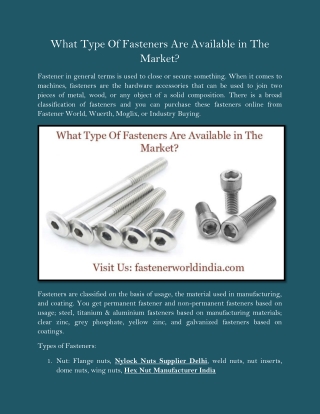 What Type Of Fasteners Are Available in The Market