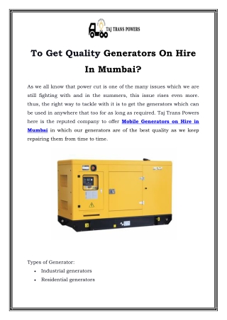 Mobile Generators on Hire in Mumbai	Call-9870276640