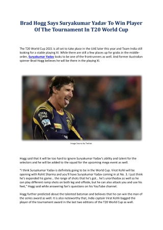 Brad Hogg Says Suryakumar Yadav To Win Player Of The Tournament In T20 World Cup