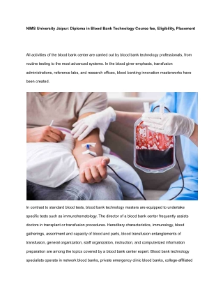NIMS University Jaipur_ Diploma in Blood Bank Technology Course fee, Eligibility, Placement