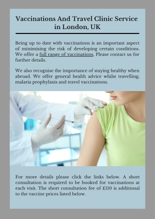 Vaccinations And Travel Clinic Service in London, UK