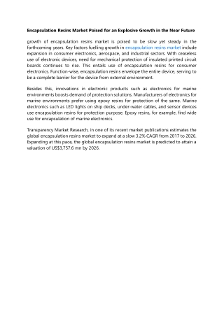 Encapsulation Resins Market Poised for an Explosive Growth in the Near Future
