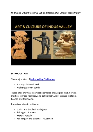 UPSC & Other STATE PSC SSC & BANKING GK- Arts Of Indus Valley