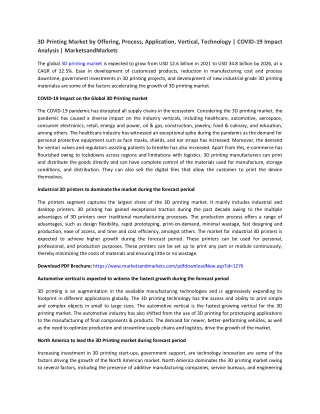 3D Printing Market by Offering, Process, Application, Vertical, Technology | COV