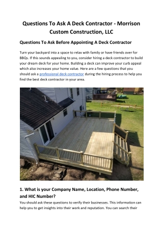 Questions To Ask A Deck Contractor - Morrison Custom Construction, LLC