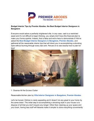 Budget Interior Tips by Premier Abodes; the Best Budget Interior Designers in Bangalore
